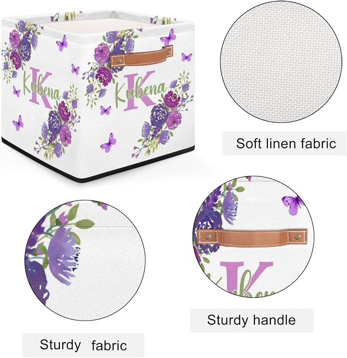 Personalized Name-Initial Purple Flower Storage Baskets for Girls Women, Custom Portable Square Storage Bins with Handles Foldable Organizer for Toys, Clothes, Blanket,Towel, Pet 13”