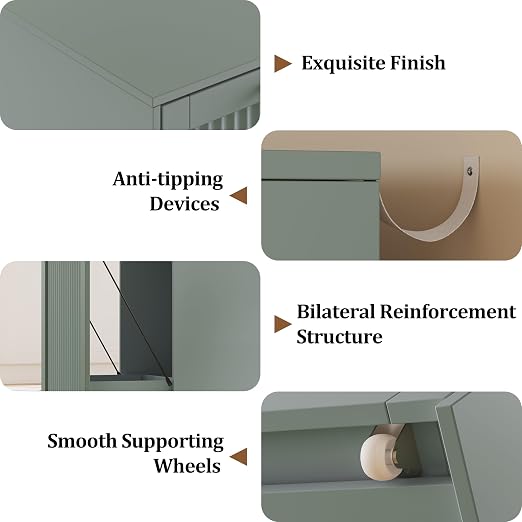 13 Gallons Pull Out Trash Can Cabinet, Hidden Trash Can, Green | Fluted Kitchen Trash Cabinet with Drawer, Freestanding Garbage Pet Proof Trash Can Holder for Laundry, Living Room