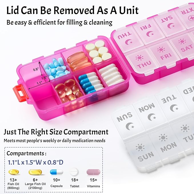 Foldable Weekly Pill Organizer 2 Times a Day with 2 Extra Compartments - Etched Labels - Portable 7 Day AM PM Medicine Box, Week Daily Travel Pill Case Holder for Meds, Vitamin, Supplement -Clear Pink