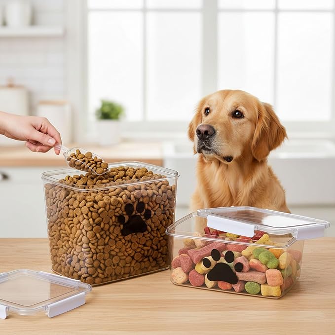 22lb Dog Food Container Set of 2,Airtight Pet Food Treat Storage Bin for Dogs Cats, Clear Puppy Kibble Container for Kitchen Counter,Stackable and Keep Food Fresh Crispy-BPA free
