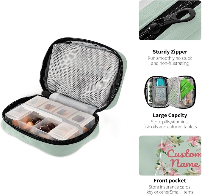 Custom Pill Box 7 Day Pill Case Bag Christmas Flower Personalized Name Travel Pill Organizer Bag with Zipper Portable Weekly Case Compact Size for Vitamin Supplement Holder