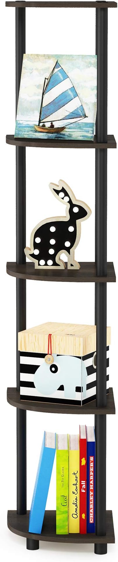 Furinno TURN-N-TUBE Corner Shelf, 5-Tier Corner Bookshelf, Open Storage Shelves, for Organization and Storage, Living Room, Home Office, Garage, Bedroom, Dark Brown Grain