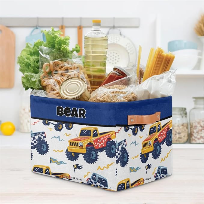 Personalized Storage Bins for Boys, Customized Name Storage Basket Rectangle Clothes Organizer for Organizing Kids and Pets Toys Shelf Closet, Cartoon Tractors Pattern