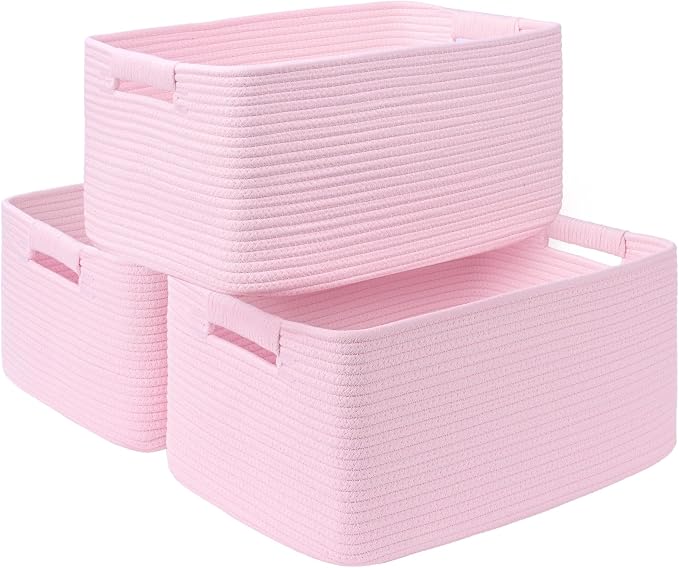 3 Pack Large Storage Basket for Organizing, 17.5"x13"x7" Woven Basket for Shelves, Closet Cube Storage Bins with Wrapped Handle, Cotton Rope Baskets for Kitchen, Clothes, Toys(Light Pink)