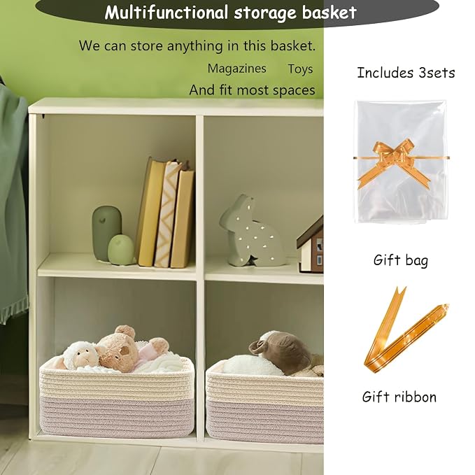 COMFY-HOMI 13" x 8.5" x 5.1" Storage Baskets for Organizing | Cotton Rope Woven Basket | Toy Storage Bin Box | Basket for Shelves, Closet Organizer Bin, Decorative Closet Shelf, 3 Pack