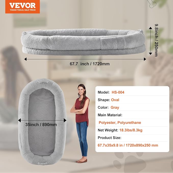 VEVOR Human Dog Bed, 67.7"x35"x9.8" Human Dog Bed for Adult People, Large Size Beds with Washable Faux Rabbit Fur Cover, Egg Orthopedic Foam, Storage Pocket, Bean Beds for You and Pet, Light Grey