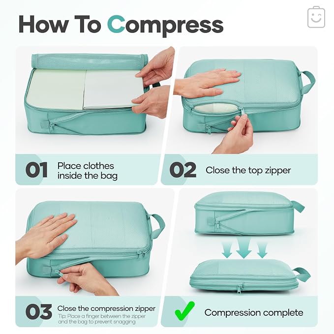 Veken 11 Set Compression Packing Cubes Garment Bags for Travel Essentials,Compressible Expandable Luggage Organizer Bags for Clothing,Space Saver Bags with Over 1000 pcs of Mesh Holes(Blue Green)