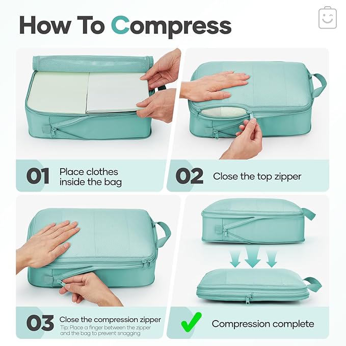 Veken 9/11 Set Compression Packing Cubes Garment Bags for Travel Essentials,Compressible Expandable Luggage Organizer Bags for Clothing,Space Saver Bags with Over 1000 pcs of Mesh Holes(Blue Green)