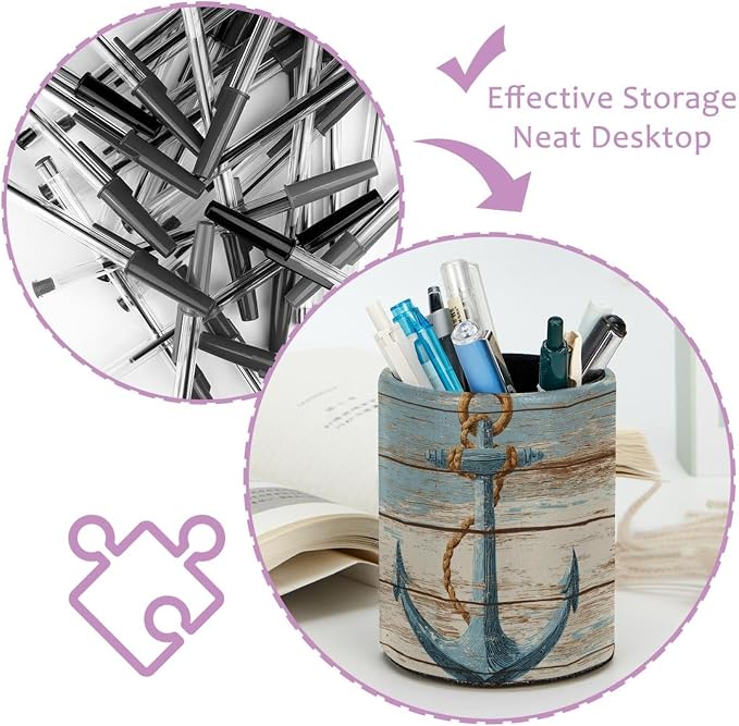 Faux Leather Pen Holder for Desk, Pencil Organizer Retro Anchor Pen Cup Desk Decor Makeup Brush Holder Storage for Office Home