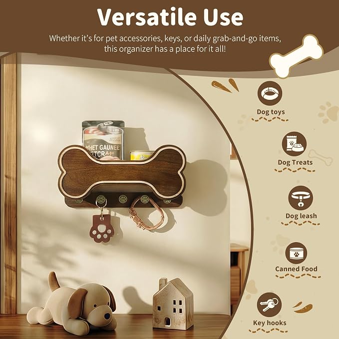 MTERSN Dog Leash Holder Wall Mount for Cute Dog Themed Decor, Dark Brown | Acacia Wood, 3D Dog Paw with Five Hooks & Display Shelf, Double-layer Dog Bone Design, Pet Accessories, Farmhouse Home Accent