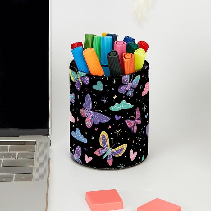 Faux Leather Pen Holder for Desk, Pencil Organizer Colorful Butterflies Pen Cup Desk Decor Makeup Brush Holder Storage for Office Home