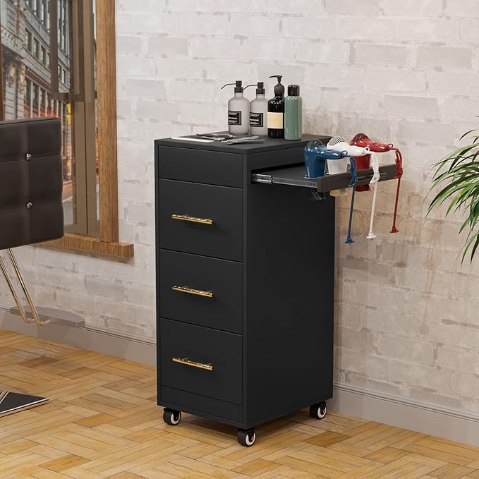 OmySalon Salon Trolley Cart with Wheels, Wooden Hair Storage Cabinet, Stylist Cart Mobile Hairdressing Barber Station for Beauty Spa Barbershop, 3 Large Drawers, 3 Hot Tool Holders, Black