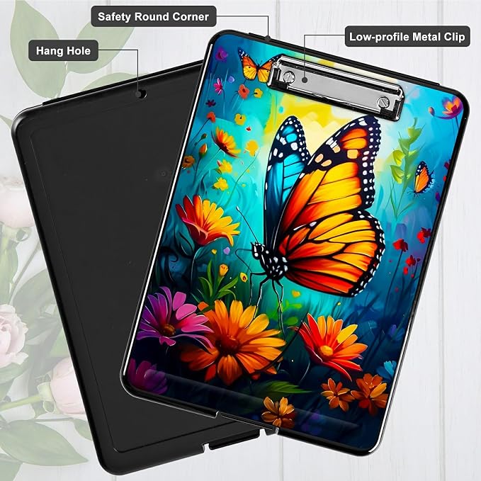 Butterfly Blue Sky A4 Clipboard with Storage Pen Holder, Clipboards Organizer Nursing Clipboard Foldable File Folder Plastic Clipboard Folio Clip Board for Office Students Classroom Doctor