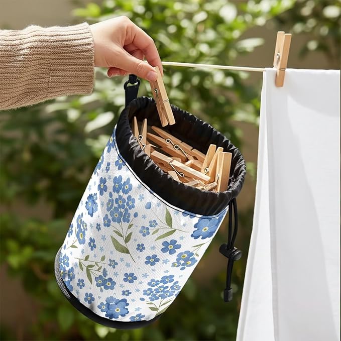 Clothespin Bag with Drawstring, Forget-Me-Not Print Laundry Accessory Organizer Pouch, Portable Peg Storage for Drying Rack, Camping, Travel, Dormitory