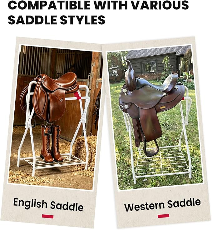 Portable Saddle Rack for English and Western Saddles, Folding Horse Saddle Stand with Bottom Storage for Horse Stable Equipment, Saddle Pad Rack, White | Portable, High-grade Steel