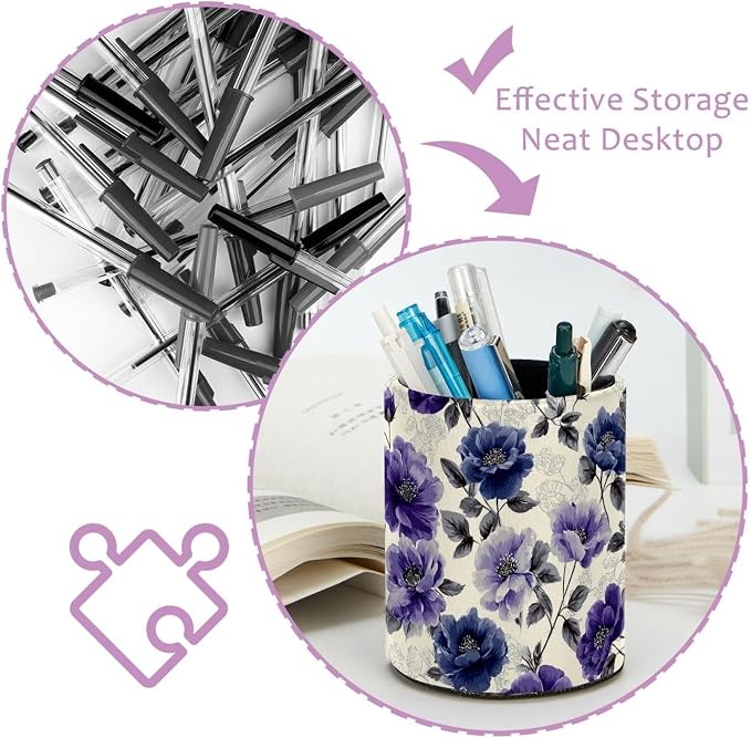 Faux Leather Pen Holder for Desk, Pencil Organizer Purple Flowers Pen Cup Desk Decor Makeup Brush Holder Storage for Office Home
