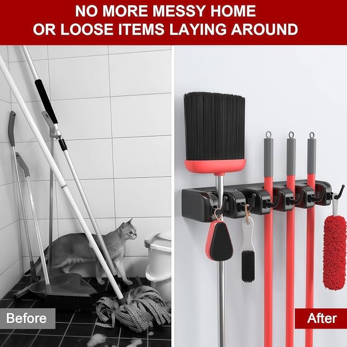 Broom Holder Wall Mount with Hooks & Slots, Wall Hanger for Home | Heavy Duty Mop Holder Wall Mount for Shovel, Rake Hang | Garage, Home Storage, Kitchen, Laundry & Shed