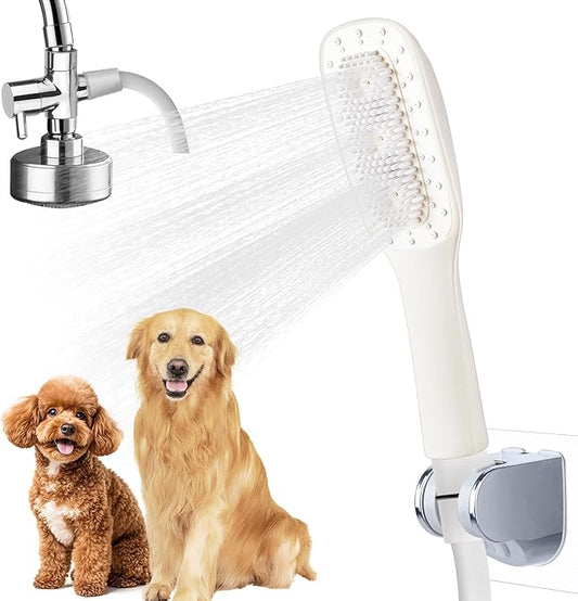Jamini Dog Shower Attachment, Handheld High-Pressure Sprayer with Brush for Fast and Easy Indoor/Outdoor Dog Bathing, 4 Modes, 8.2ft Hose, G1/2" Brass Shower Diverter