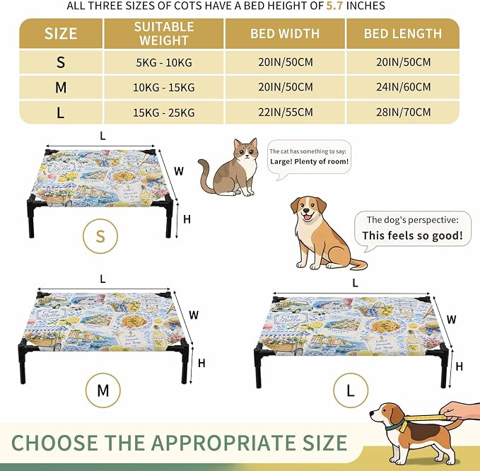 Summer Village Elevated Dog Bed, Coastal Blue Flowers Cart Yellow Lemons Starfish Outdoor Raised Pet Bed for Dogs Cats, Portable Breathable Cooling Waterproof Pet Cot 28x22 Inch