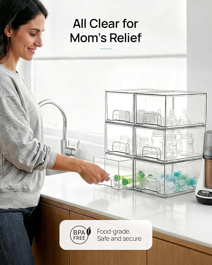 Vtopmart 8 Pack Small Clear Stackable Storage Drawers | Plastic Bins, Bathroom Makeup Organizer, For Vanity, Undersink, Kitchen Cabinets, Pantry, Home Organization