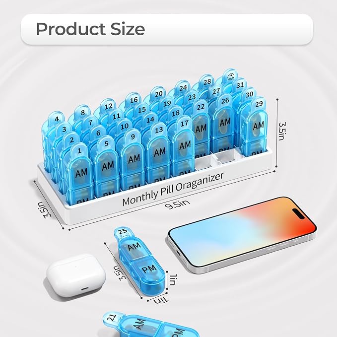 Monthly AM/PM Pill Organizer - Color & Number-Coded 30/31-Day Pill Box with Secure Lids, BPA-Free & Travel-Friendly Design | Large Compartments for Vitamins, Supplements, Medications（Blue