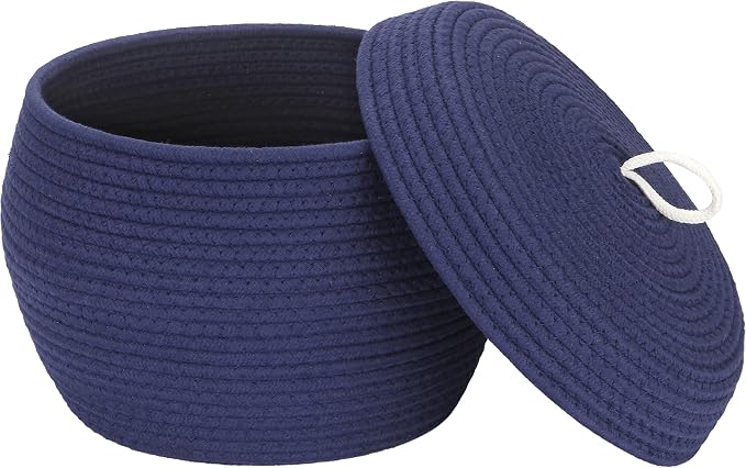 Sea Team Round Woven Cotton Rope Storage Basket with Lid, Navy | Lidded Knitted Decorative Storage Bin, Pot, Caddy, Organizer, Container for Snacks, Towels, Plants, 13 x 9 Inches