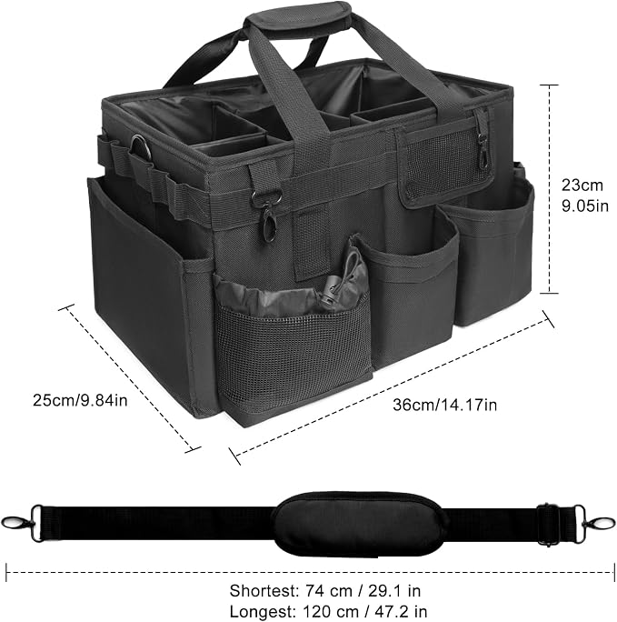 Large Cleaning Caddy Organizer, Adj Straps & Board Dividers | Heavy-duty Waterproof Nylon Fabric, Handle, Removable Divider, Tool Bags for Housekeepers, Car detailing