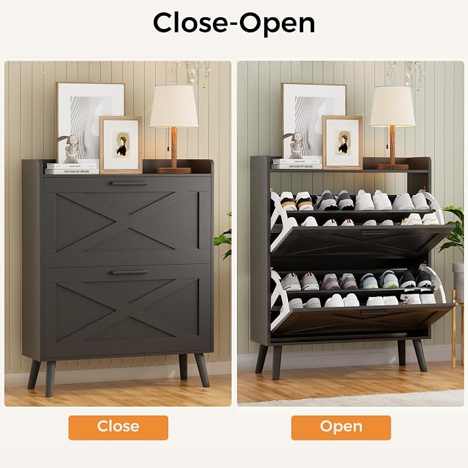 Homleke Farmhouse Shoe Storage Cabinet with Flip Drawers & Barn Door Design | Slim Narrow Shoe Rack Cabinet with Adjustable Shelves & Hidden Storage for Entryway, Foyer, Hallway, Living Room, Black