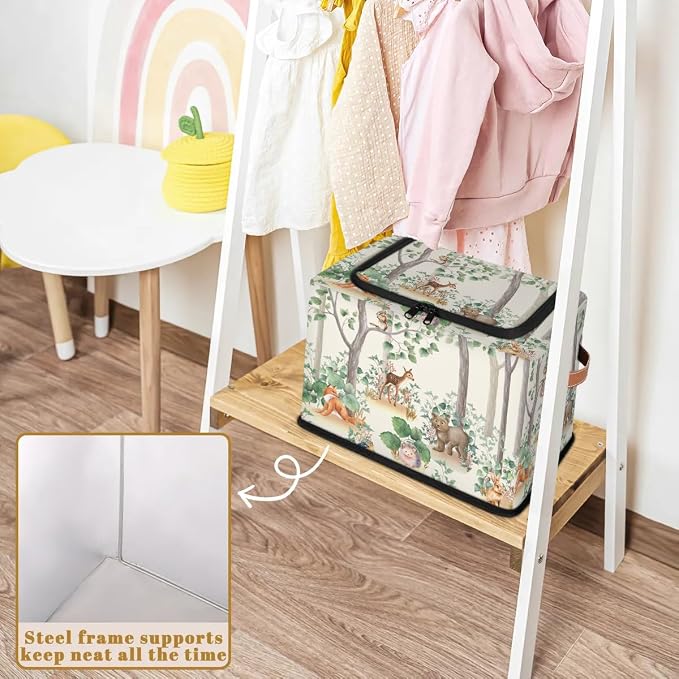 Woodland Wildlife Storage Basket - Cute Animals Party Bin Collapsible Organizer with Zipper Lid, Kid Rectangular Decorative Box with Handles, Nursery Toy Organization for Kids Bedroom Decor, 24L