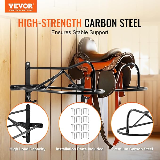 VEVOR Wall Mount Saddle Rack, 27.3 x 16.3 x 12.5 in, 8 Packs Horse Saddle Rack with Pad Bar, Portable Saddle Stand for English & Western Saddle, Horse Tack Storage for Equestrian Garden, Black
