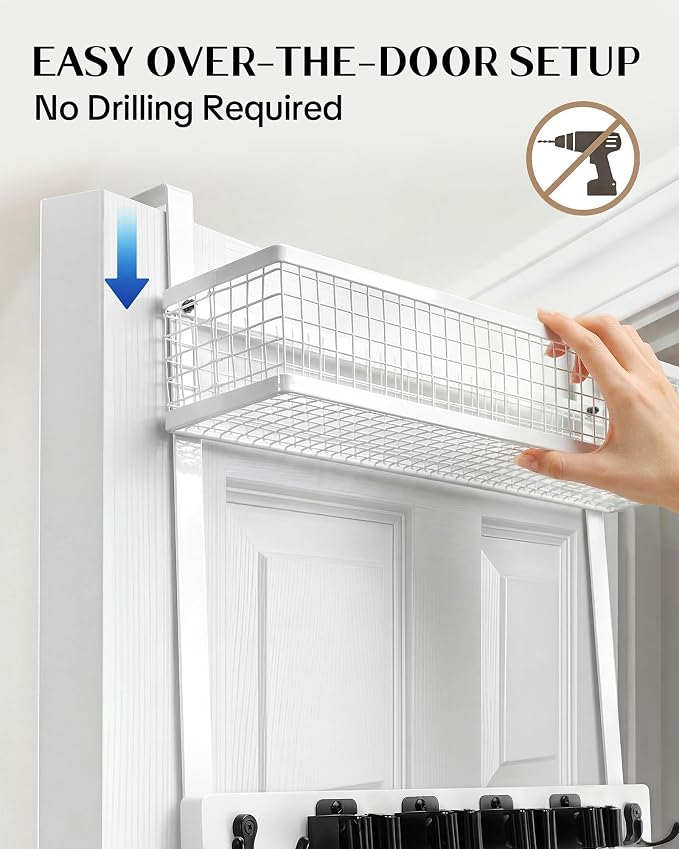 Lorbro Over the Door Broom and Mop Holder with Basket, 4 Grips and 4 Hooks | No-Drill Door Mount, Cleaning Supply Organizer, Wood and Metal Build, Secure Grip Slots, Laundry Garage Closet Use