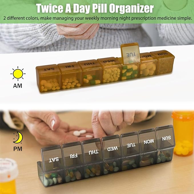 2 Pack Weekly Pill Organizer, Large 7 Day Pill Case, Daily Vitamin Case Medicine Box, AM/PM Pill Containers for Medicine Supplements Fish Oil (Blue & Green)