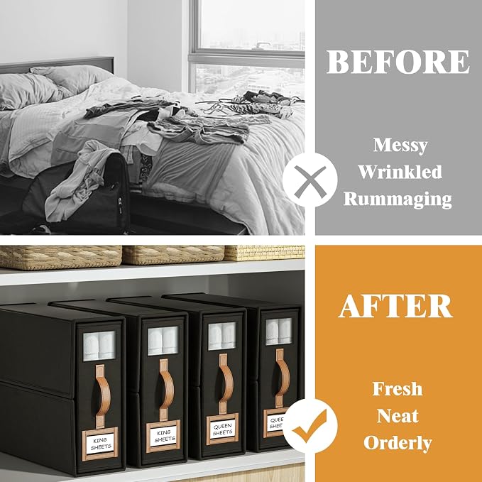 6 Pack Bed Sheets Organizers And Storage,Sheets Set Folder Keeper with Handle,Foldable Bedding Storage Box For Linen Closet,Duvet Cover(King Size-3.7 Gal,Black)