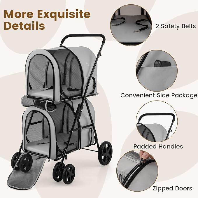 PETSITE Double Dog Stroller, Foldable Pet Stroller for 2 Dogs & Cats Small Medium Sized with Detachable Carrier on Wheels, Ideal for Car Seat Walking Camping Travel (Grey)