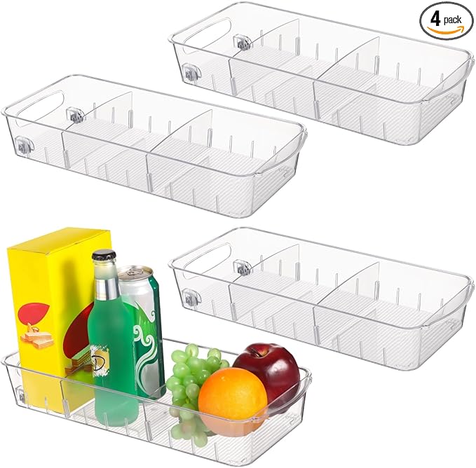 4 PCS Fridge Organizer Bins With Wheels, Roll Out Refrigerator Organizers Storage Refrigerator Drawers With Dividers, Plastic Pantry Storage Trays for Kitchen Organization