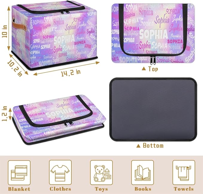 Custom Storage Baskets Named with Zipper Lid, Personalized Storage Bins Basket Boxes PU Handles for Clothes Bedroom Closet Organizing Toys Books Shelves, Bright Purple Galaxy Background