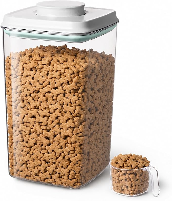 4.2 Qt Airtight Dog Food Storage Container with Scoop, Pop Lid | Includes a 130 ml scoop; clear, stackable BPA-free canister with one-touch pop lid for dry dog kibble, cat food and treats.