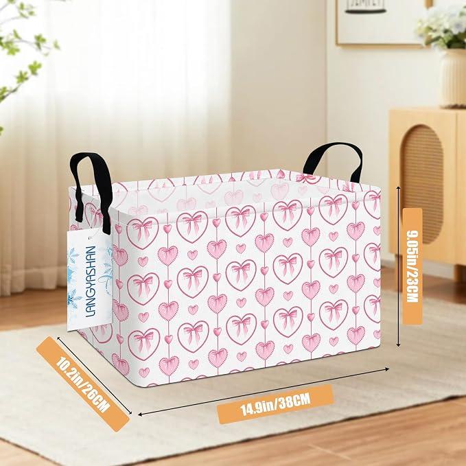Rectangular Collapsible Pearl Heart Storage Basket Nursery Toy Organizer | Storage Bin Foldable Canvas with Handles for Organizing Home Kitchen Children Toys Office Closet Shelf Baskets
