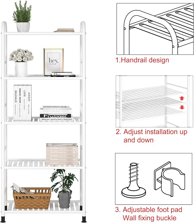 JSB 5-Tier Adjustable Shelving Unit, Heavy Duty Storage Rack Organizer Metal Corner Shelf for Kitchen Living Room Laundry Pantry Bathroom (White, 5 Tier)