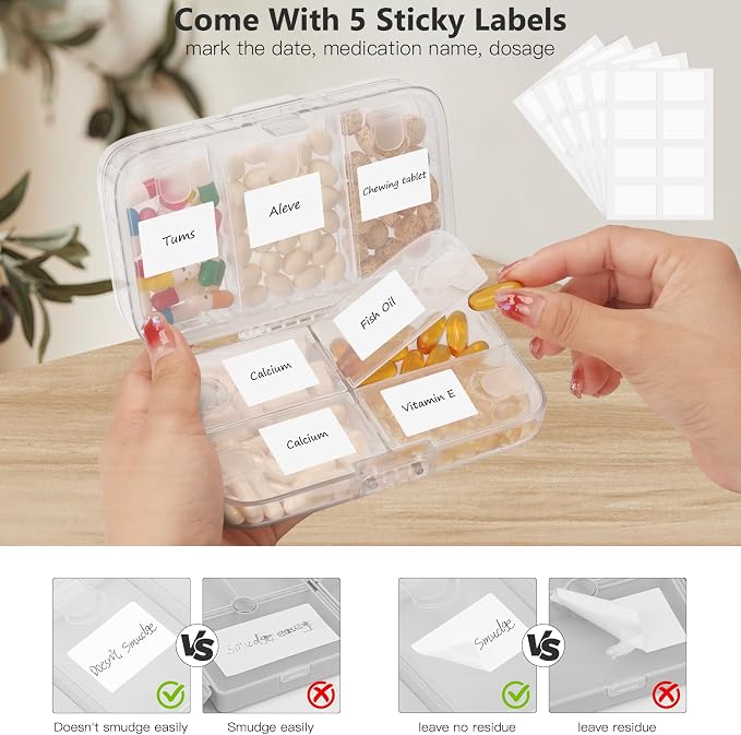 FYY Travel Pill Organizer, Large Weekly Medicine Pill Organizer-Clear | Airtight Moistureproof Medicine Case, Easy to Use, 8 Compartment Pill Box for Vitamins, Fish Oil, Supplements, Mini First Aid