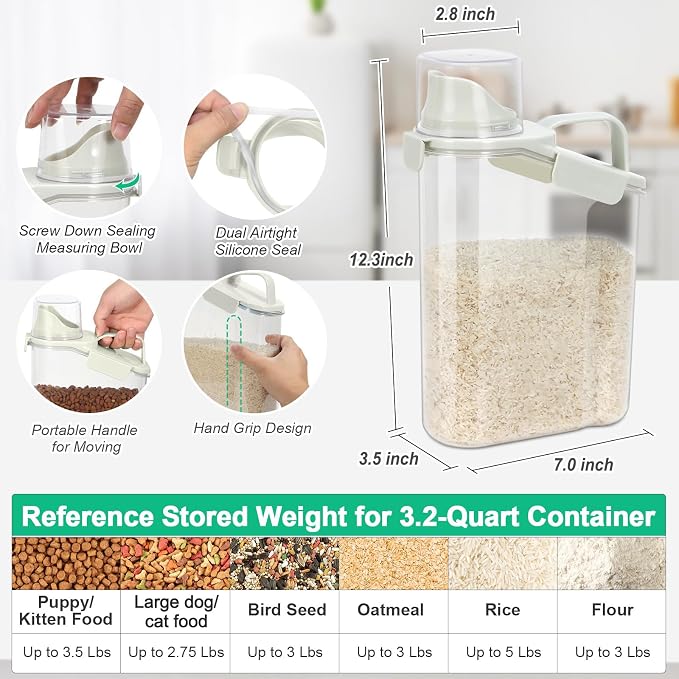 TBMax Rice Container Cereal Storage Container 2 Pack 3.2-Quart, Kitchen Pantry Dry Food Storage Holder with Easy-Pouring Spout & Handy Cup, Small Pet Dog Cat Food Dispenser for Daily Feeding