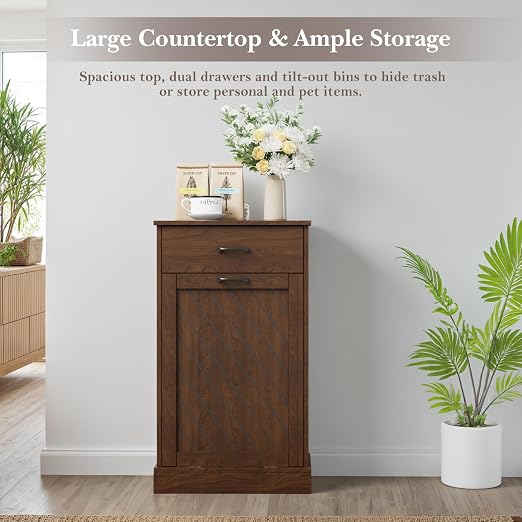 njnj 13 Gallons Tilt Out Trash Cabinet, Kitchen Hidden Trash Bin Cabinet Wood Garbage Recycling Cabinet with Hideaway Drawer, Pet Proof Freestanding Trash Bin for Kitchen Living Room Brown
