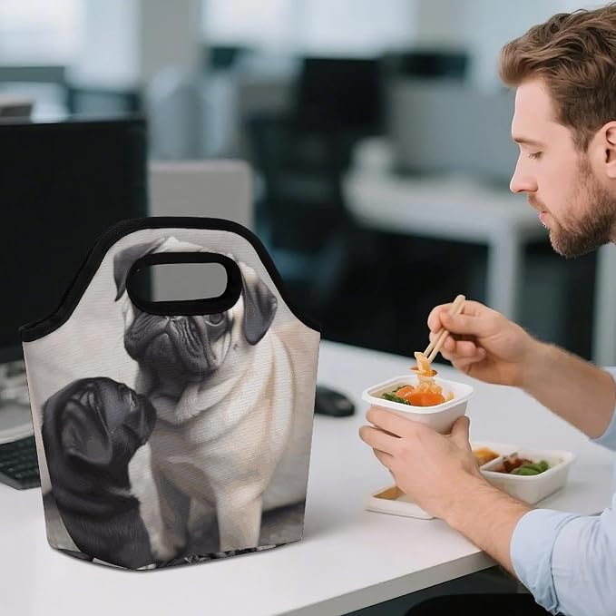 Cute Pet Pug Lunch Bag Cooler Bag Tote Bags | Reusable Portable Lunch Box for Women/Men Lightweight Soft Cooler Bags Organizer for Adults Work Travel Outdoor