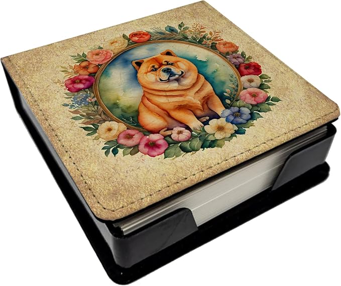 Caroline's Treasures Chow Chow and Flowers PU Leather Note Paper Holder with Artist-Designed Cover, Desk Accessory, Office Gift