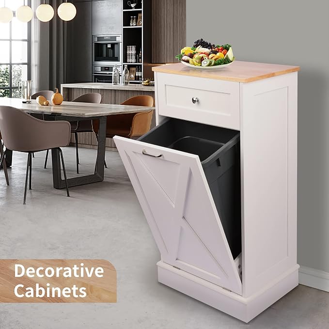 TOLEAD 10 Gallon Tilt Out Trash Can Cabinet Wooden Hidden Trash Cabinet with Solid Wood Top & Drawer, Farmhouse Kitchen Garbage Bin Enclosure Pet Proof Laundry Hamper for Kitchen, Bathroom White