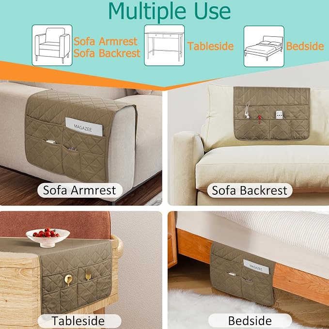 Remote Control Holder for Recliner Non-Slip Armchair Caddy Couch Armrest Organizer, Arm Chair Bedside Caddy Storage Organizer for Recliner Couch With 6 Pockets for Magazine, Phone, iPad (Beige)