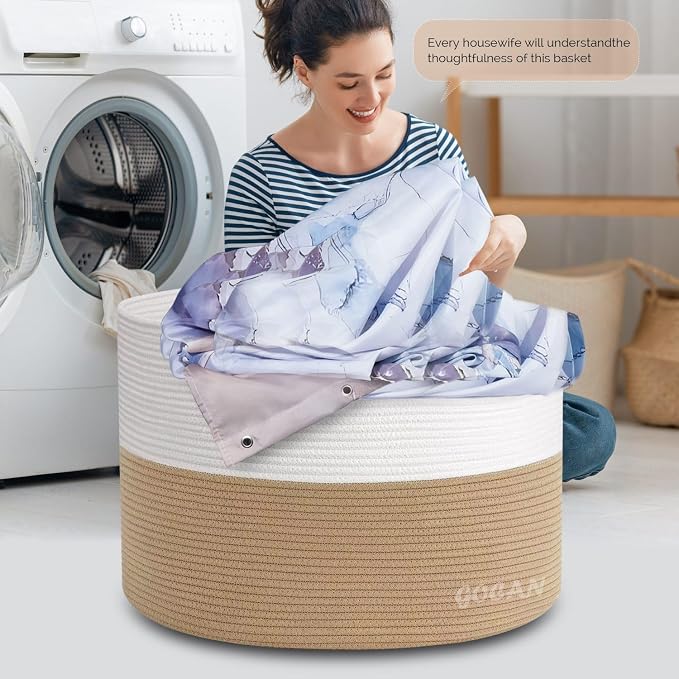 Cotton Rope Woven Laundry Basket 22"X 22"X 14" with handles(Jute/Beige)XXXL | Hand-woven, ideal for storing blankets and cushions in the living room, and clothes for household storage.