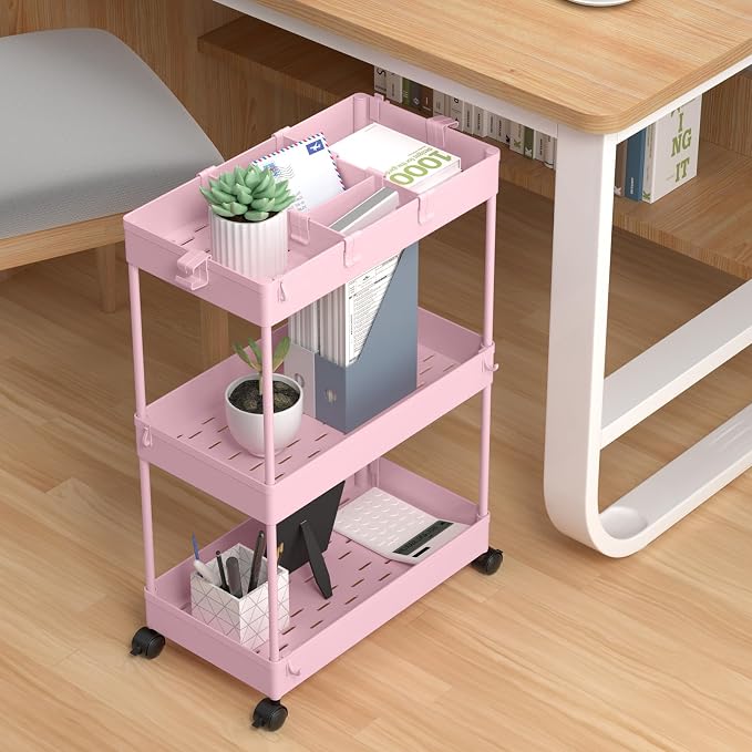3 Tier Rolling Cart with Wheels, Storage Craft Art Trolley Organizer Serving, 3 Hanging Baskets Easy Assembly, for Office, Living Room, Kitchen, Pink