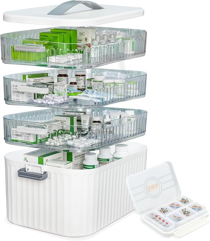 Multi-Tier Medicine Storage Box with Handle | Portable First Aid Organizer for Home, Office & Travel | Large Pill Storage Cabinet with Bonus 7-Day Pill Case (3-Tier & 4-Tier Variants) (4-Tier)