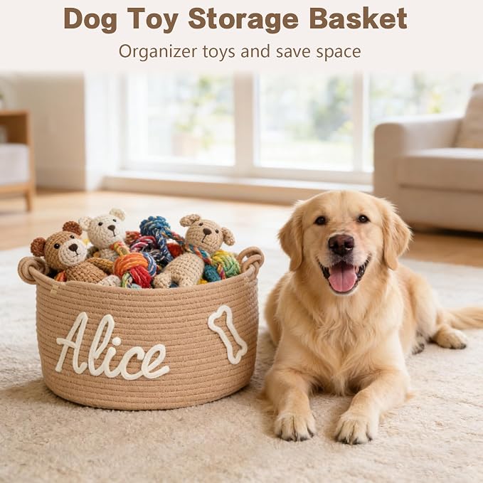 Personalized Dog Cat Toy Basket w/ Embroidery Name, Puppy Storage Bins | Customized Kitten Cute Handmade Cotton Rope Organizer for Snacks, Pet Supplies, Easter Birthday Gifts Basket for Pets